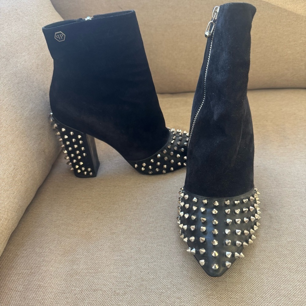 PHILIPP PLEIN Shoes Ankle Boots Black Suede Studded Heels EU 40 / US 9 $1500